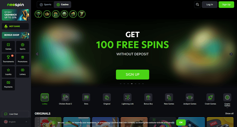 Neospin Casino homepage with slots and bonuses